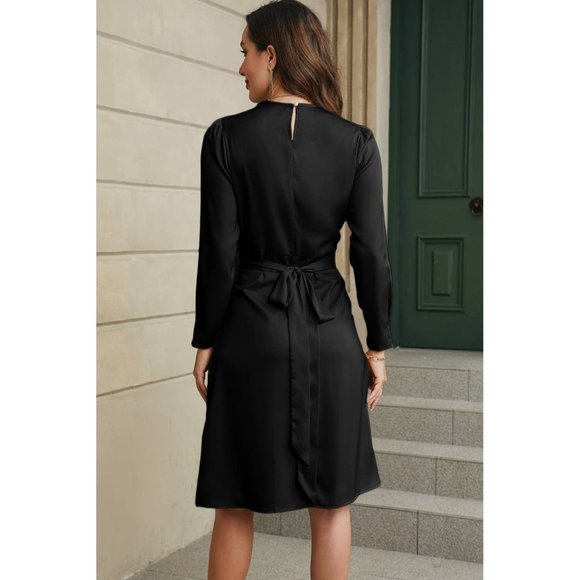 Black Twist Front Tie Back Long Sleeve Satin Dress - Picture 8 of 16